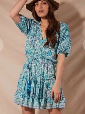 Poupette St. Barth Blue and Green Printed Boho Top
